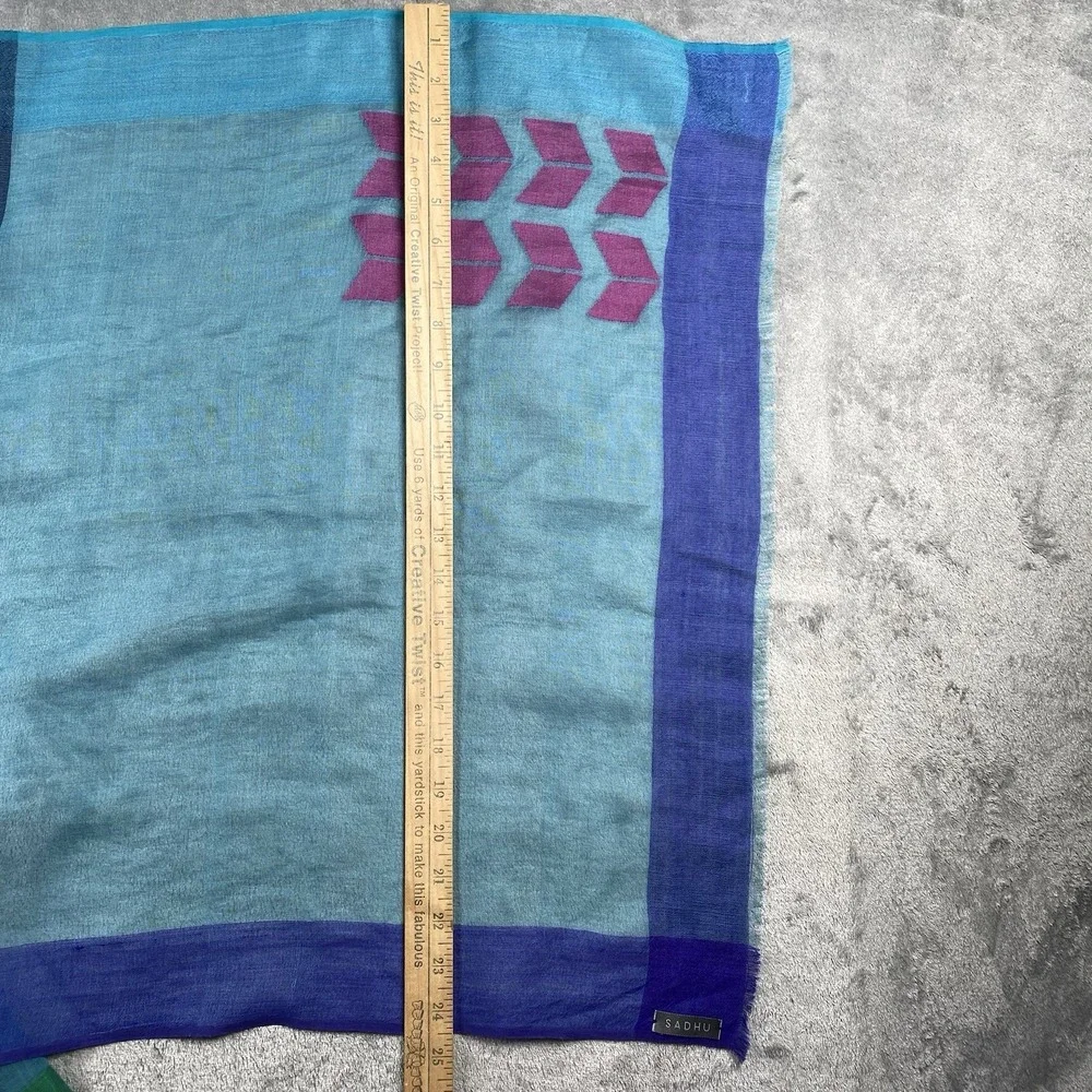 Sadhu Scarf Shawl Wrap Silk Wool Geometric Sheer Hand Woven Blue‎ Green Purple